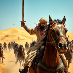 A Muslim man wielding a sword, bravely engaged in battle on horseback in a vast desert