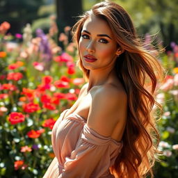 A stunningly beautiful woman with long, flowing hair, radiant skin, and striking features