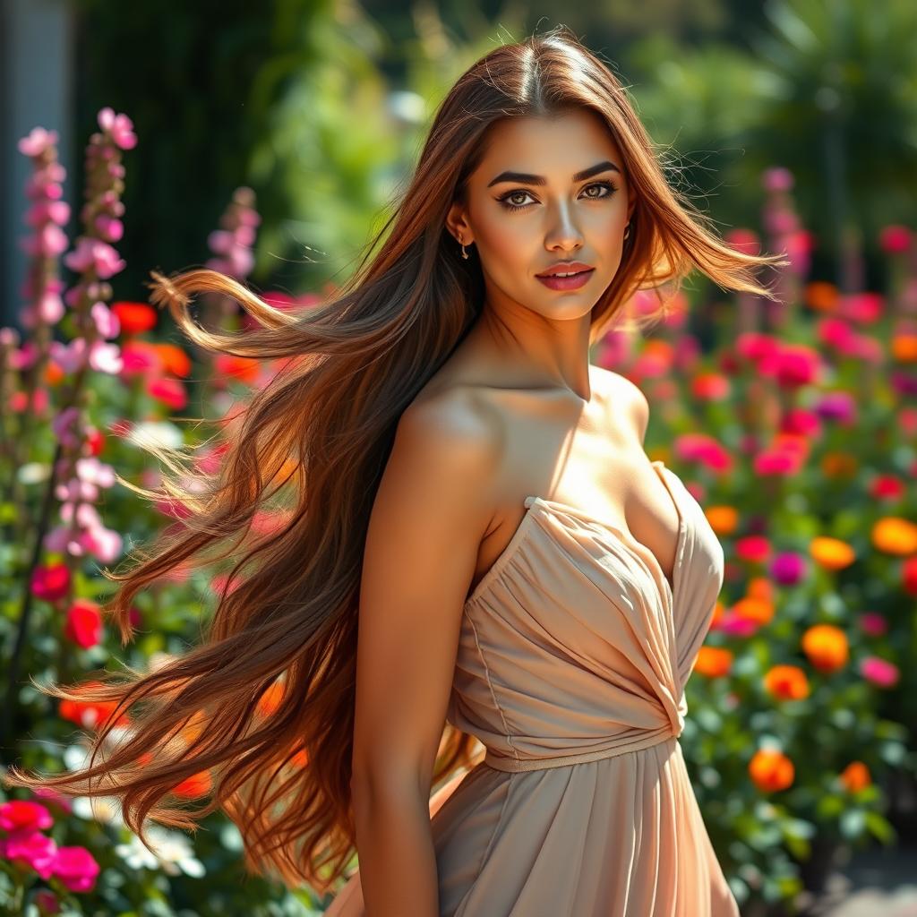 A stunningly beautiful woman with long, flowing hair, radiant skin, and striking features