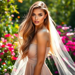 A stunningly beautiful woman with long, flowing hair, radiant skin, and striking features