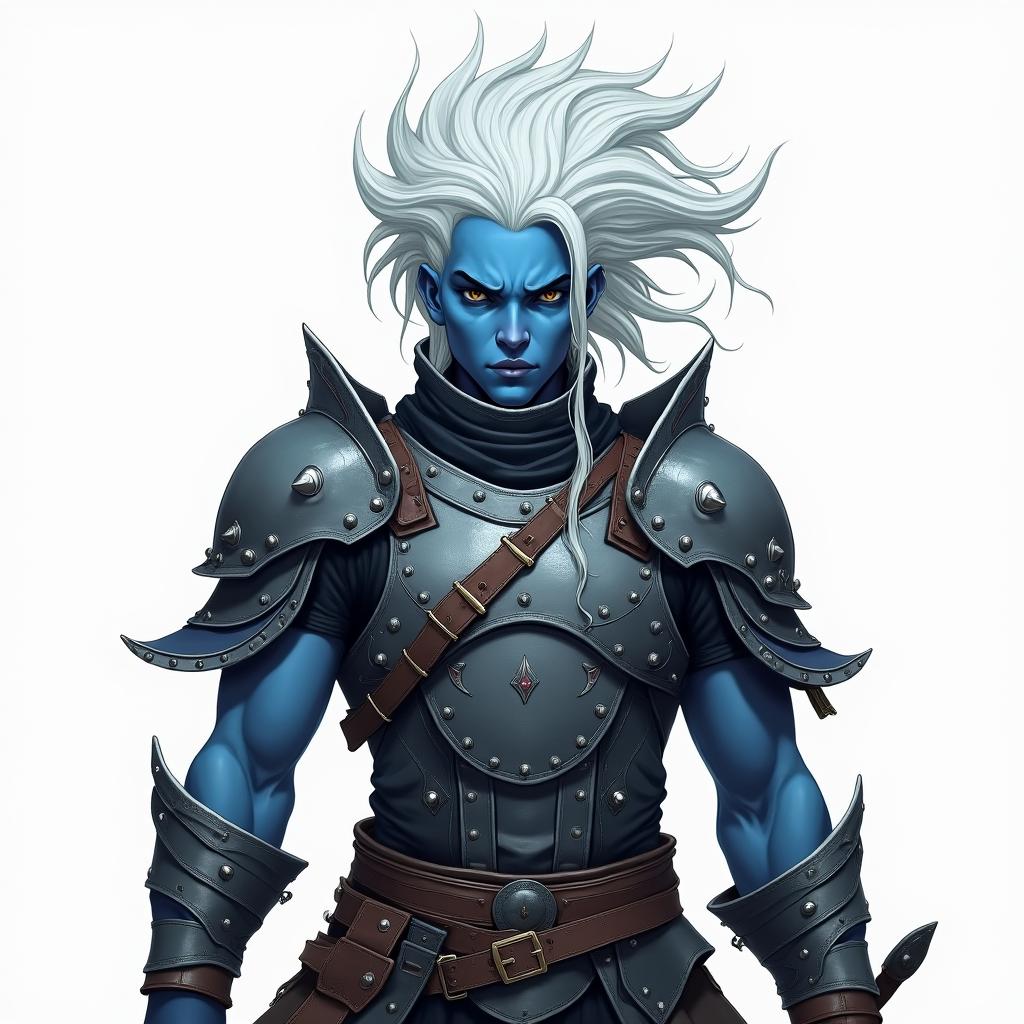 A male air genasi warrior clad in studded leather armor, featuring striking blue and white skin with a head of flowing, ethereal hair that resembles gentle winds