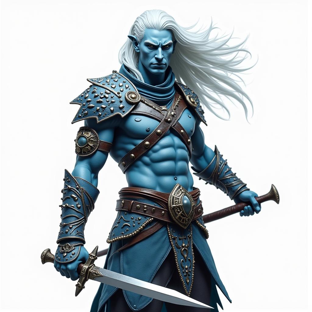 A male air genasi warrior dressed in intricately designed studded leather armor, showcasing a blend of blue and white skin tones that represent his elemental heritage