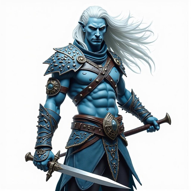 A male air genasi warrior dressed in intricately designed studded leather armor, showcasing a blend of blue and white skin tones that represent his elemental heritage