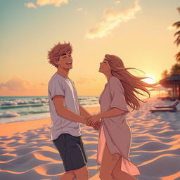 A romantic scene depicting a young couple at a beautiful beach during sunset