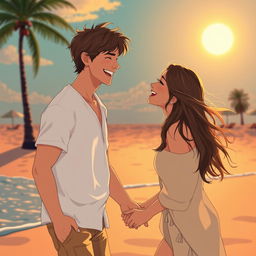 A romantic scene depicting a young couple at a beautiful beach during sunset