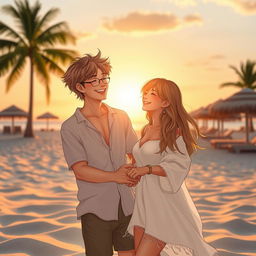 A romantic scene depicting a young couple at a beautiful beach during sunset