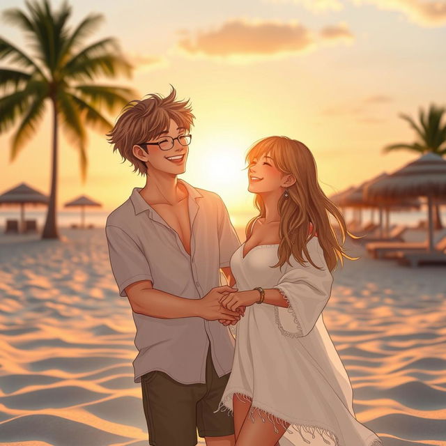 A romantic scene depicting a young couple at a beautiful beach during sunset