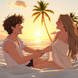A romantic scene depicting a young couple at a beautiful beach during sunset