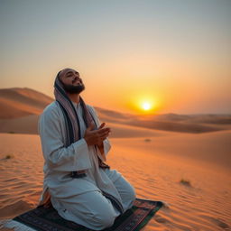A Muslim man praying in the vast desert, dressed in traditional attire, with a serene expression on his face