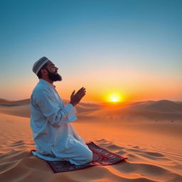 A Muslim man praying in the vast desert, dressed in traditional attire, with a serene expression on his face