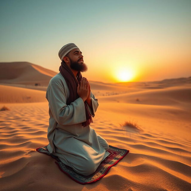 A Muslim man praying in the vast desert, dressed in traditional attire, with a serene expression on his face