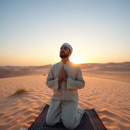 A Muslim man praying in the vast desert, dressed in traditional attire, with a serene expression on his face