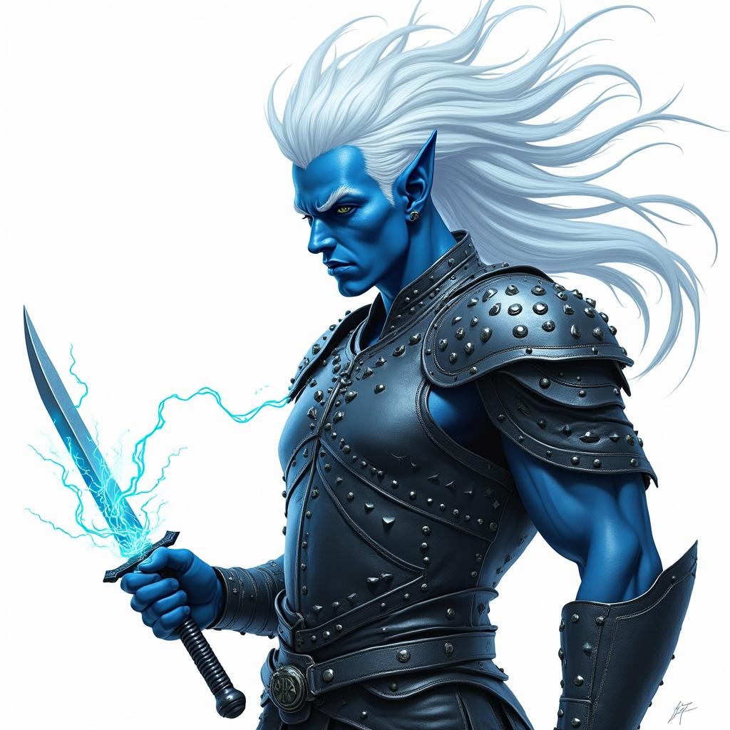 A male air genasi warrior adorned in studded leather armor, showcasing shades of blue and white skin that highlight his elemental heritage