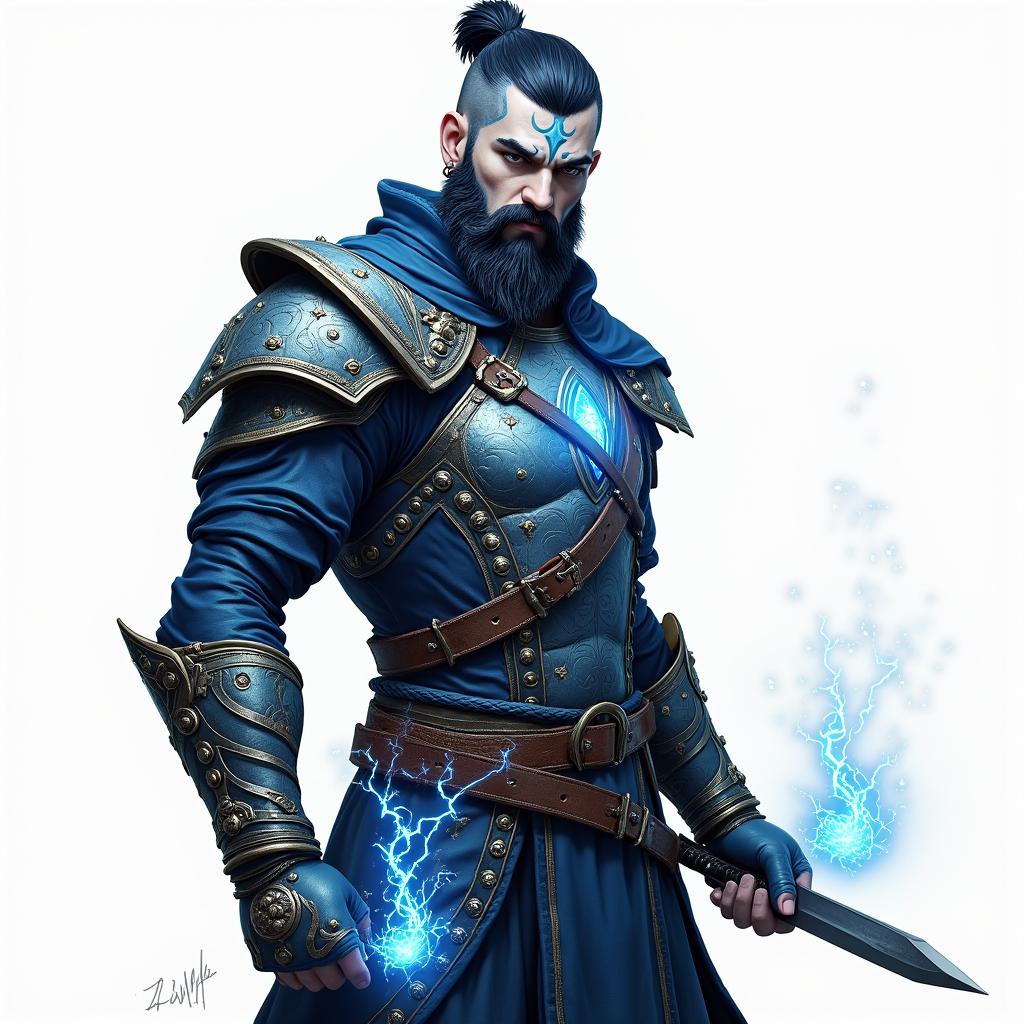 A male air genasi warrior with a well-groomed beard, showcasing his blue and white skin which hints at his elemental heritage