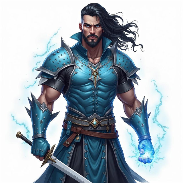 A male air genasi warrior sporting a well-groomed beard and wearing beautifully crafted studded leather armor that reflects a combination of blue and white hues, symbolizing his air elemental heritage