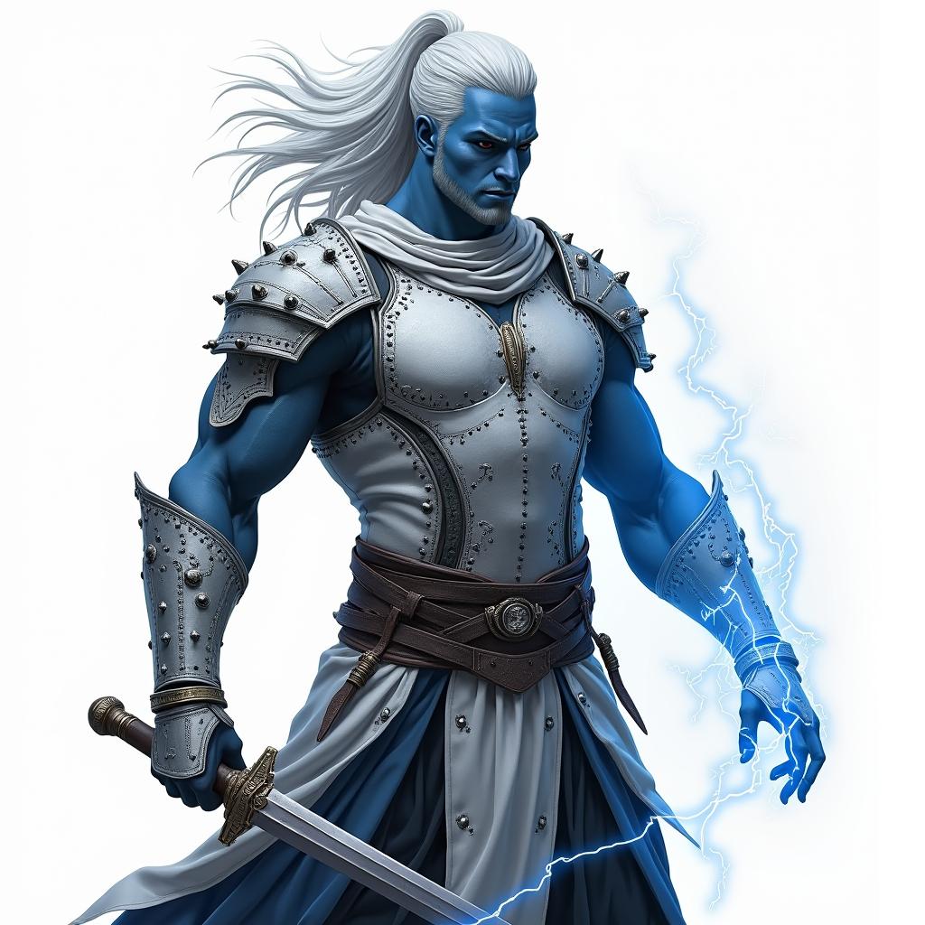 A male air genasi warrior dressed in elaborately designed studded leather armor, showcasing a blend of blue and white skin tones that reflect his elemental heritage