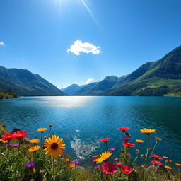 A beautiful landscape featuring a serene lake surrounded by lush green mountains under a clear blue sky