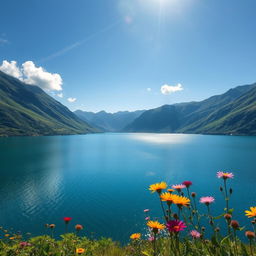 A beautiful landscape featuring a serene lake surrounded by lush green mountains under a clear blue sky
