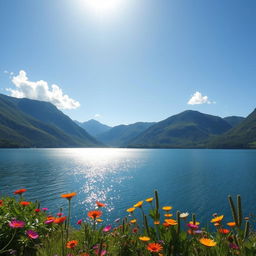 A beautiful landscape featuring a serene lake surrounded by lush green mountains under a clear blue sky