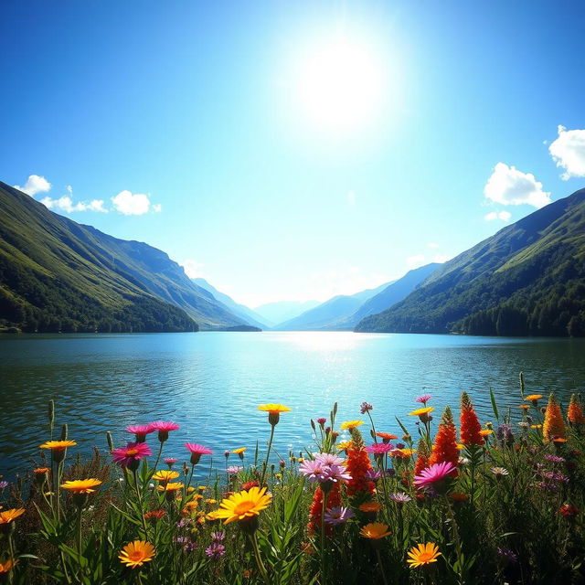 A beautiful landscape featuring a serene lake surrounded by lush green mountains under a clear blue sky