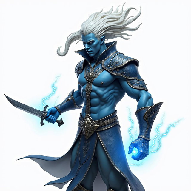 A male air genasi warrior clad in intricately designed studded leather armor, showcasing a blend of blue and white skin tones characteristic of his elemental heritage