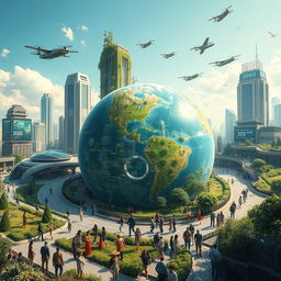 A futuristic view of Earth in the year 2020, depicting advanced technology and environmental landscapes