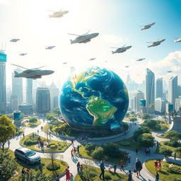 A futuristic view of Earth in the year 2020, depicting advanced technology and environmental landscapes