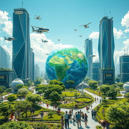 A futuristic view of Earth in the year 2020, depicting advanced technology and environmental landscapes