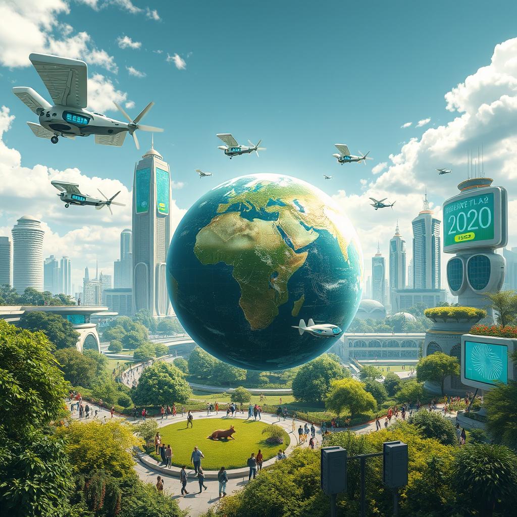 A futuristic view of Earth in the year 2020, depicting advanced technology and environmental landscapes