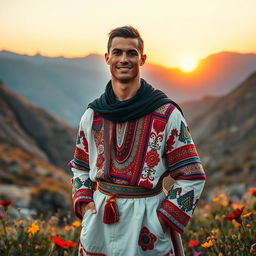 Cristiano Ronaldo dressed in traditional Kurdish attire, showcasing vibrant colors and intricate patterns