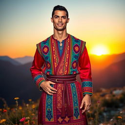 Cristiano Ronaldo dressed in traditional Kurdish attire, showcasing vibrant colors and intricate patterns