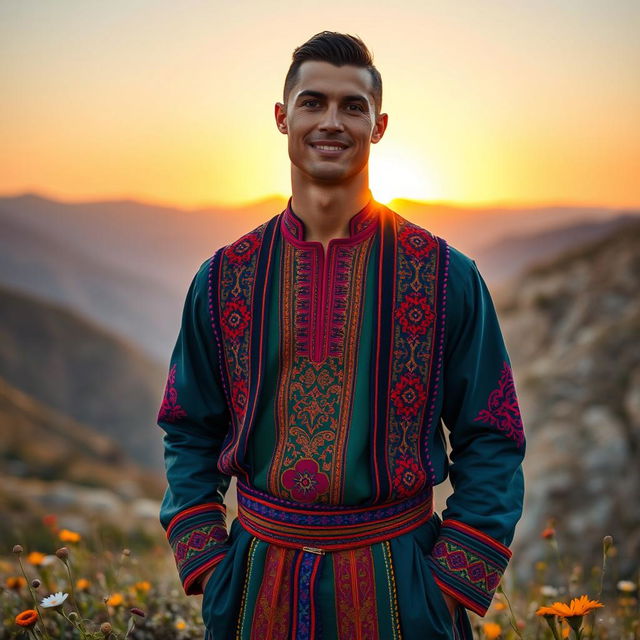 Cristiano Ronaldo dressed in traditional Kurdish attire, showcasing vibrant colors and intricate patterns