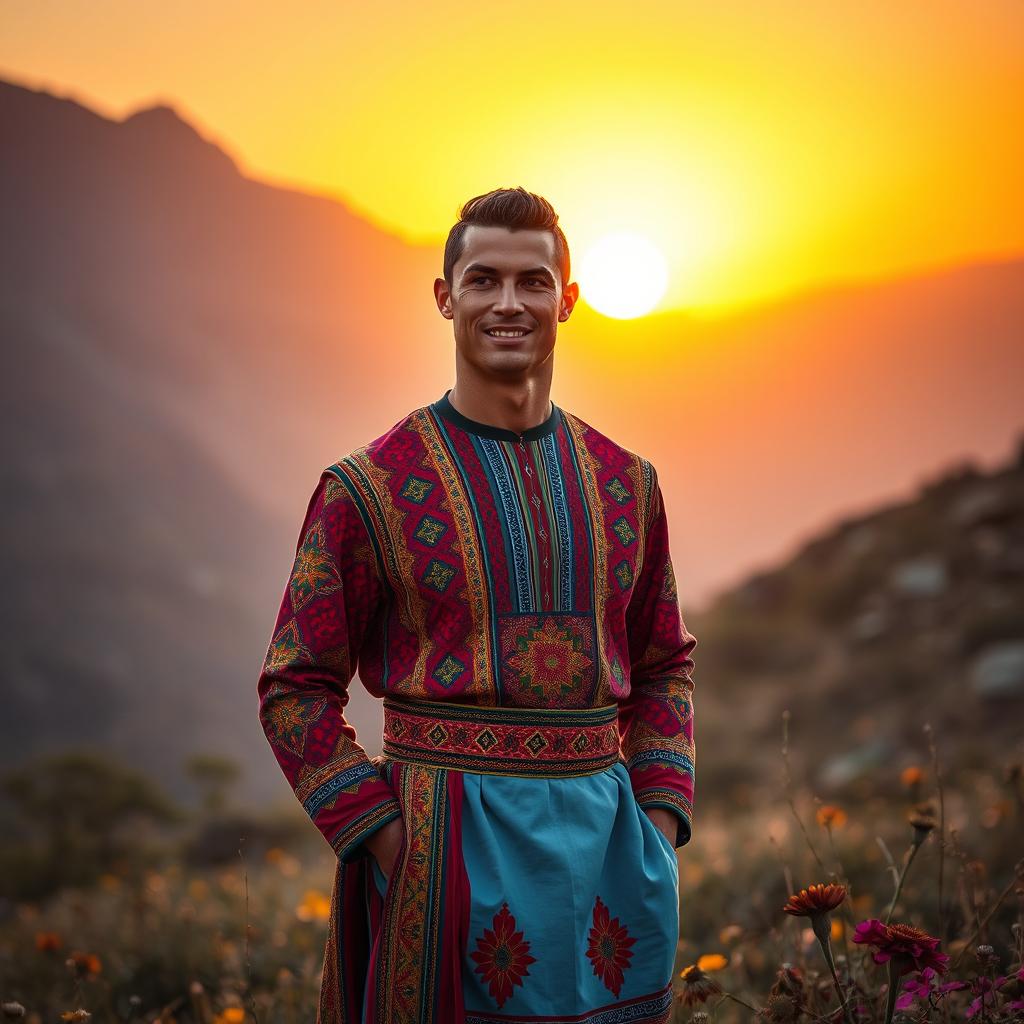 Cristiano Ronaldo dressed in traditional Kurdish attire, showcasing vibrant colors and intricate patterns