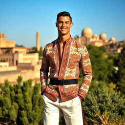 Cristiano Ronaldo wearing a stylish and modern outfit inspired by traditional Iranian fashion