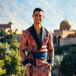 Cristiano Ronaldo wearing a stylish and modern outfit inspired by traditional Iranian fashion