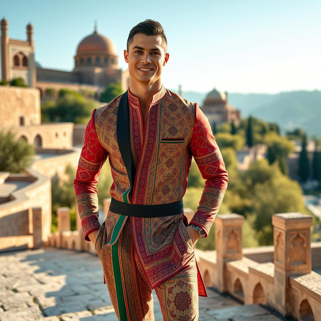 Cristiano Ronaldo wearing a stylish and modern outfit inspired by traditional Iranian fashion
