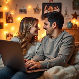 A romantic and heartfelt profile picture for a long-distance relationship, featuring a young couple gazing longingly at each other through a video call on a laptop