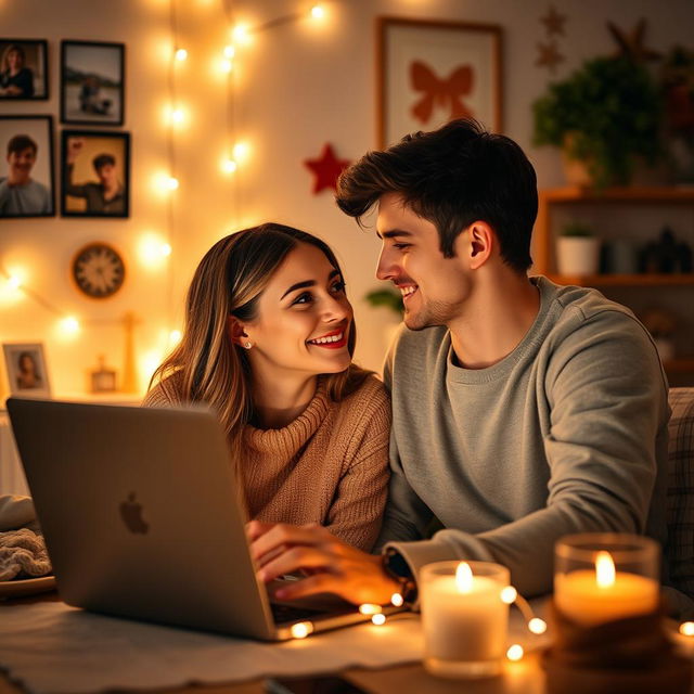 A romantic and heartfelt profile picture for a long-distance relationship, featuring a young couple gazing longingly at each other through a video call on a laptop