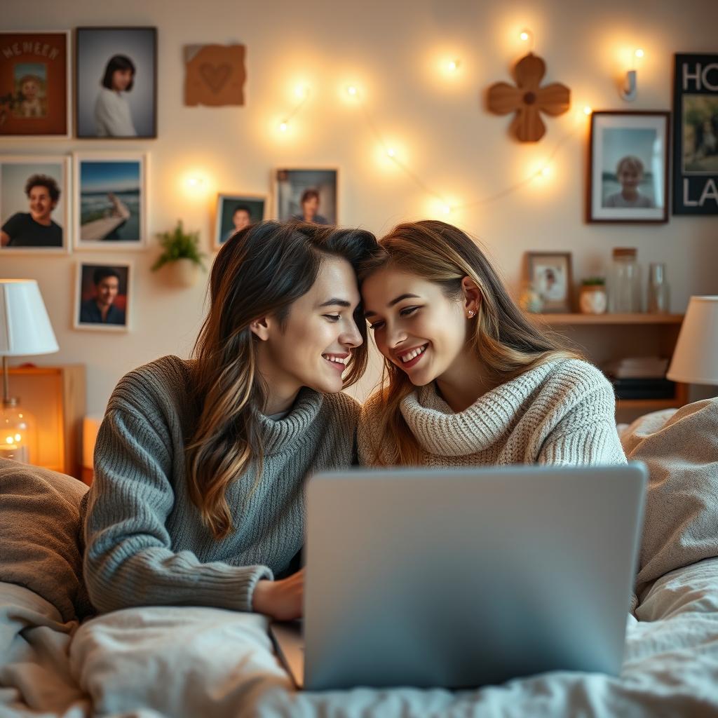 A romantic and heartfelt profile picture for a long-distance relationship, featuring a young couple gazing longingly at each other through a video call on a laptop