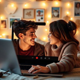 A romantic and heartfelt profile picture for a long-distance relationship, featuring a young couple gazing longingly at each other through a video call on a laptop
