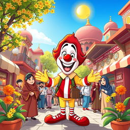 A whimsical and adventurous cartoon scene depicting a character inspired by Ronald McDonald enjoying a vibrant and lively atmosphere in Iran