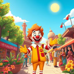 A whimsical and adventurous cartoon scene depicting a character inspired by Ronald McDonald enjoying a vibrant and lively atmosphere in Iran