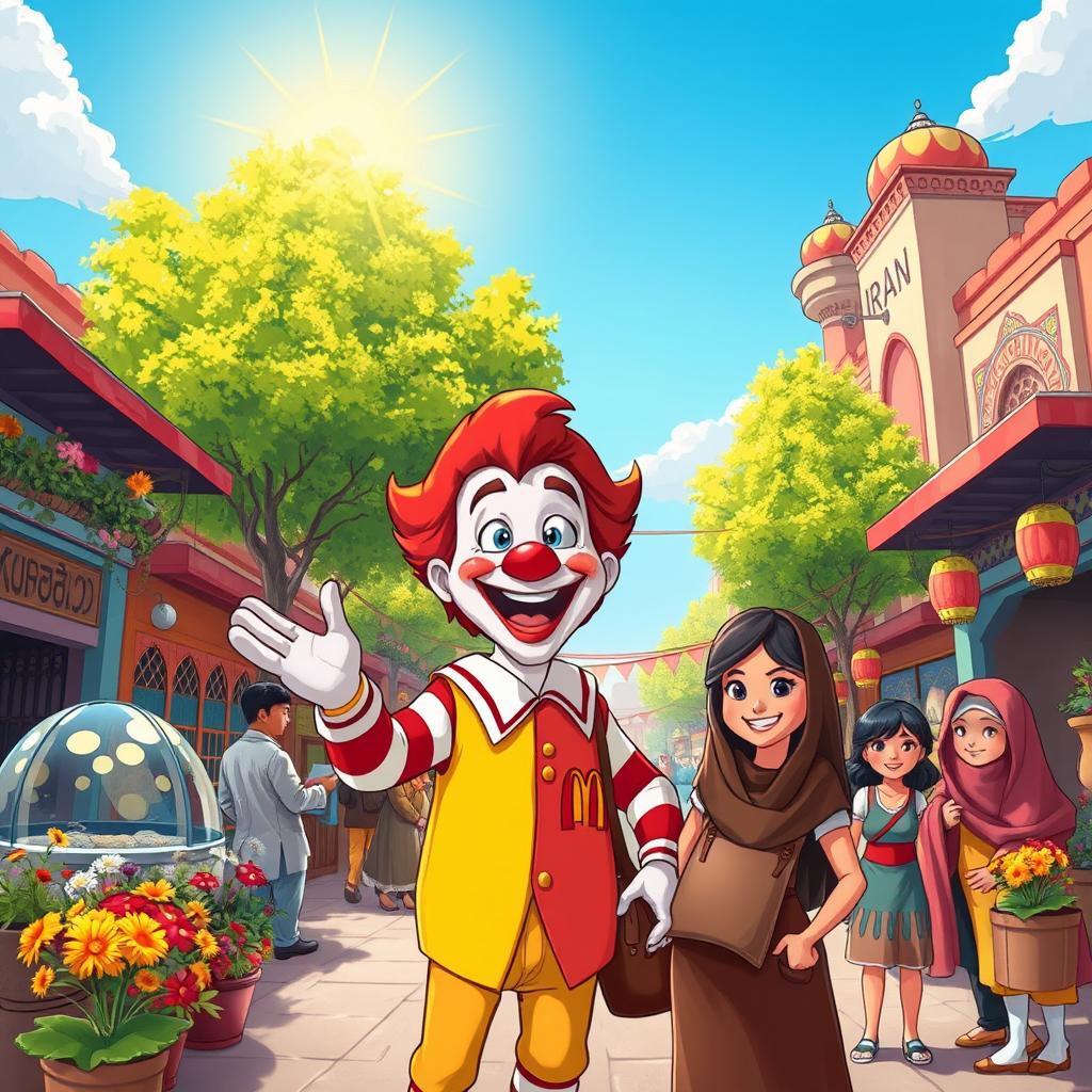 A whimsical and adventurous cartoon scene depicting a character inspired by Ronald McDonald enjoying a vibrant and lively atmosphere in Iran