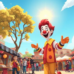 A whimsical and adventurous cartoon scene depicting a character inspired by Ronald McDonald enjoying a vibrant and lively atmosphere in Iran