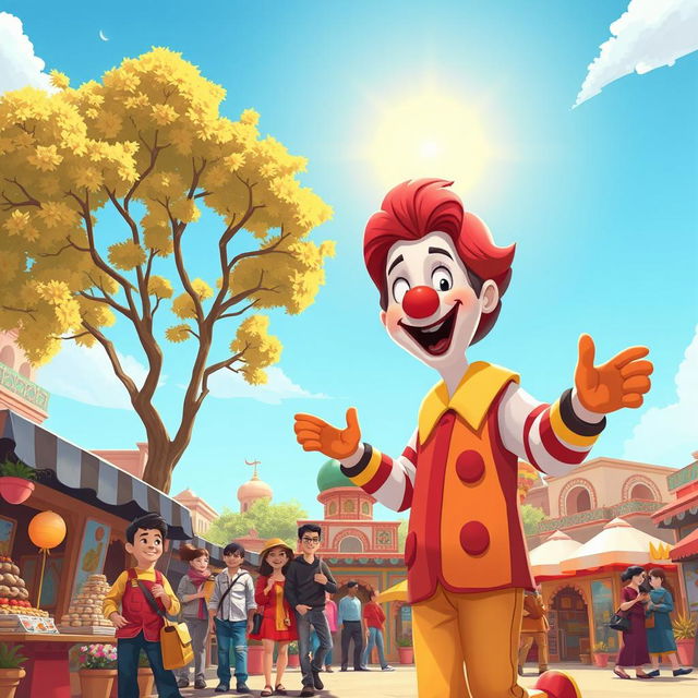 A whimsical and adventurous cartoon scene depicting a character inspired by Ronald McDonald enjoying a vibrant and lively atmosphere in Iran