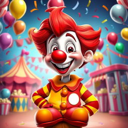 A stylized portrait of a cartoon character inspired by a fictional clown named Ronald, with bright red hair, a cheerful smile, wearing a red and yellow striped shirt, oversized shoes, and a playful demeanor