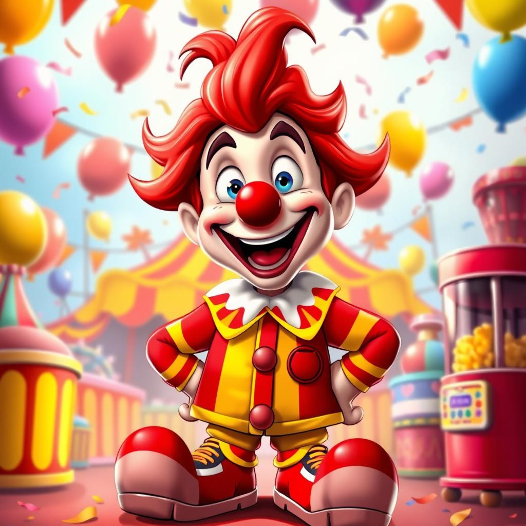 A stylized portrait of a cartoon character inspired by a fictional clown named Ronald, with bright red hair, a cheerful smile, wearing a red and yellow striped shirt, oversized shoes, and a playful demeanor