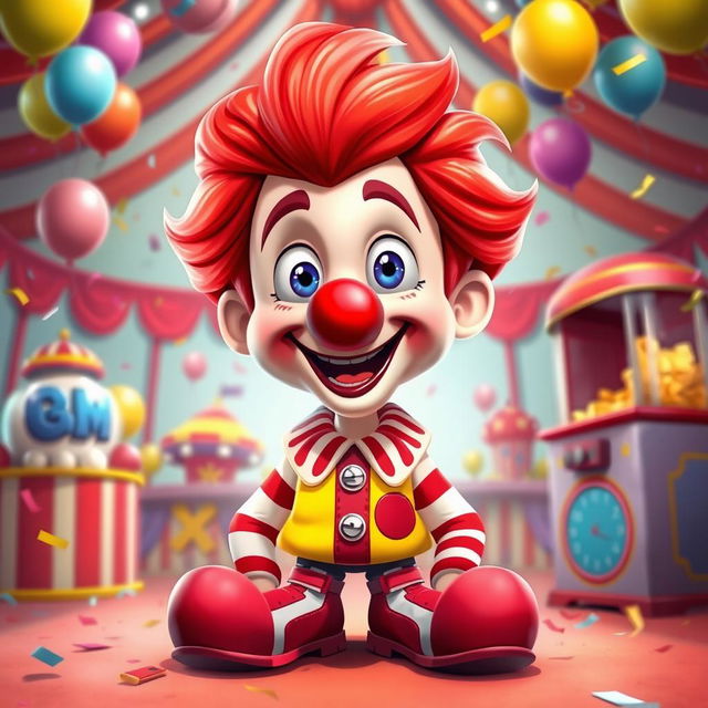 A stylized portrait of a cartoon character inspired by a fictional clown named Ronald, with bright red hair, a cheerful smile, wearing a red and yellow striped shirt, oversized shoes, and a playful demeanor