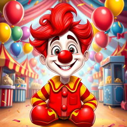 A stylized portrait of a cartoon character inspired by a fictional clown named Ronald, with bright red hair, a cheerful smile, wearing a red and yellow striped shirt, oversized shoes, and a playful demeanor