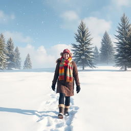 A serene winter scene featuring a person walking through a snowy landscape